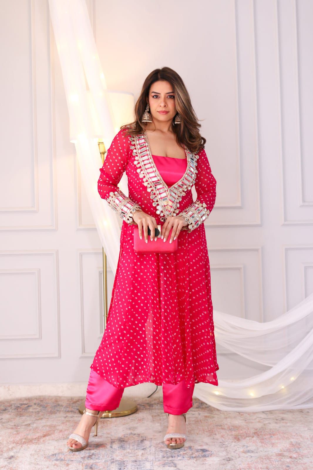ST 1104 Pink Georgette Kurti with Embroidery Work & Mirror Work. Available at ₹1649 only. Delivery 4-6 Working Days. Shop now. | Kurti, Bollywood Kurti, Creative Kurtis, Designer Kurti, Party Wear Kurti, Selfie Kurti