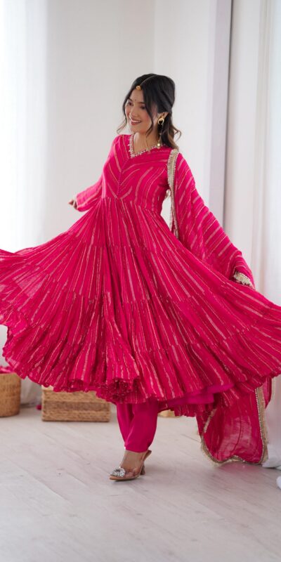 SRK 5305 Pink Color Mal Chanderi Gown with Mirror Work & Lace Work. Grab it for ₹2399. Delivery 4-6 Working Days. Shop now. | Gowns, Bollywood Gowns, Creative Gowns, Designer Gowns, Embroidered Gowns, Party Wear Gowns
