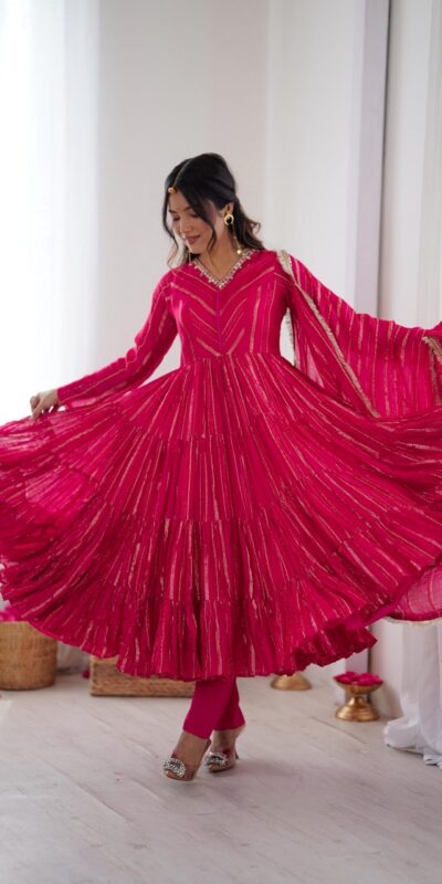 SRK 5305 Pink Color Mal Chanderi Gown with Mirror Work & Lace Work. Grab it for ₹2399. Delivery 4-6 Working Days. Shop now. | Gowns, Bollywood Gowns, Creative Gowns, Designer Gowns, Embroidered Gowns, Party Wear Gowns