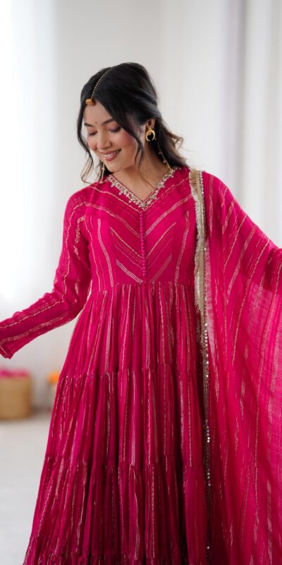SRK 5305 Pink Color Mal Chanderi Gown with Mirror Work & Lace Work. Grab it for ₹2399. Delivery 4-6 Working Days. Shop now. | Gowns, Bollywood Gowns, Creative Gowns, Designer Gowns, Embroidered Gowns, Party Wear Gowns