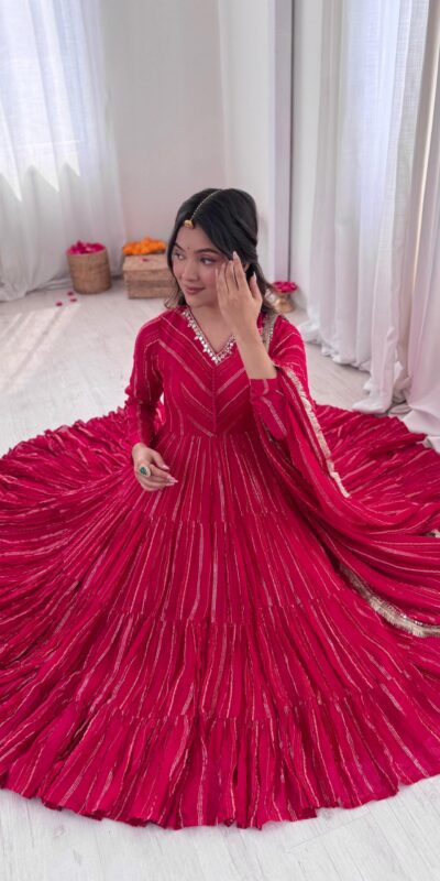 SRK 5305 Pink Color Mal Chanderi Gown with Mirror Work & Lace Work. Grab it for ₹2399. Delivery 4-6 Working Days. Shop now. | Gowns, Bollywood Gowns, Creative Gowns, Designer Gowns, Embroidered Gowns, Party Wear Gowns