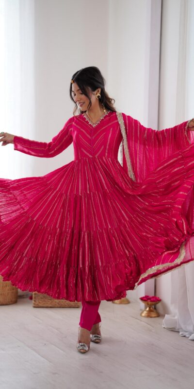 SRK 5305 Pink Color Mal Chanderi Gown with Mirror Work & Lace Work. Grab it for ₹2399. Delivery 4-6 Working Days. Shop now. | Gowns, Bollywood Gowns, Creative Gowns, Designer Gowns, Embroidered Gowns, Party Wear Gowns