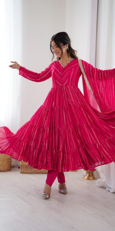 SRK 5305 Pink Color Mal Chanderi Gown with Mirror Work & Lace Work. Grab it for ₹2399. Delivery 4-6 Working Days. Shop now. | Gowns, Bollywood Gowns, Creative Gowns, Designer Gowns, Embroidered Gowns, Party Wear Gowns