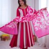 Pink Roman Silk Embroidery Work Digital Print Gown