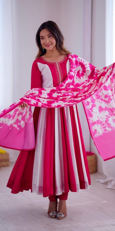 ZF 5014 Pink Roman Silk Gown with Embroidery Work & Digital Print . Exclusive Offer ₹2149. Delivery 4-6 Working Days. Shop now. | Gowns, Bollywood Gowns, Creative Gowns, Designer Gowns, Embroidered Gowns, Party Wear Gowns
