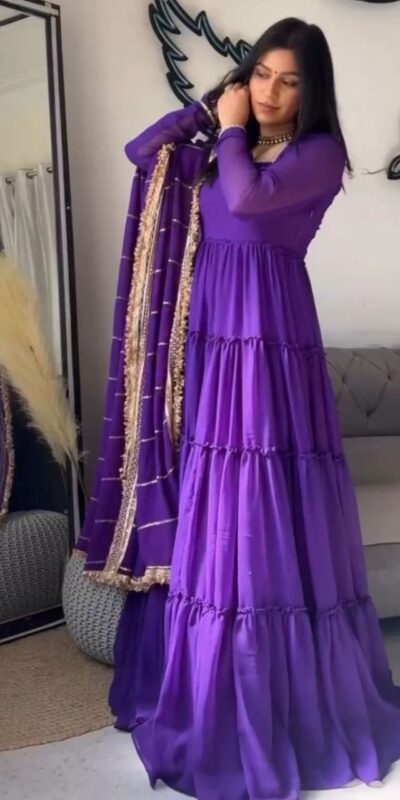 KD 1539 Purple Faux Georgette Ruffle Style Gown. Wedding, Party, Festive, Events Grab it for ₹2099. Delivery 4-6 Working Days. Shop now. | Gowns, Bollywood Gowns, Creative Gowns, Designer Gowns, Embroidered Gowns, Party Wear Gowns