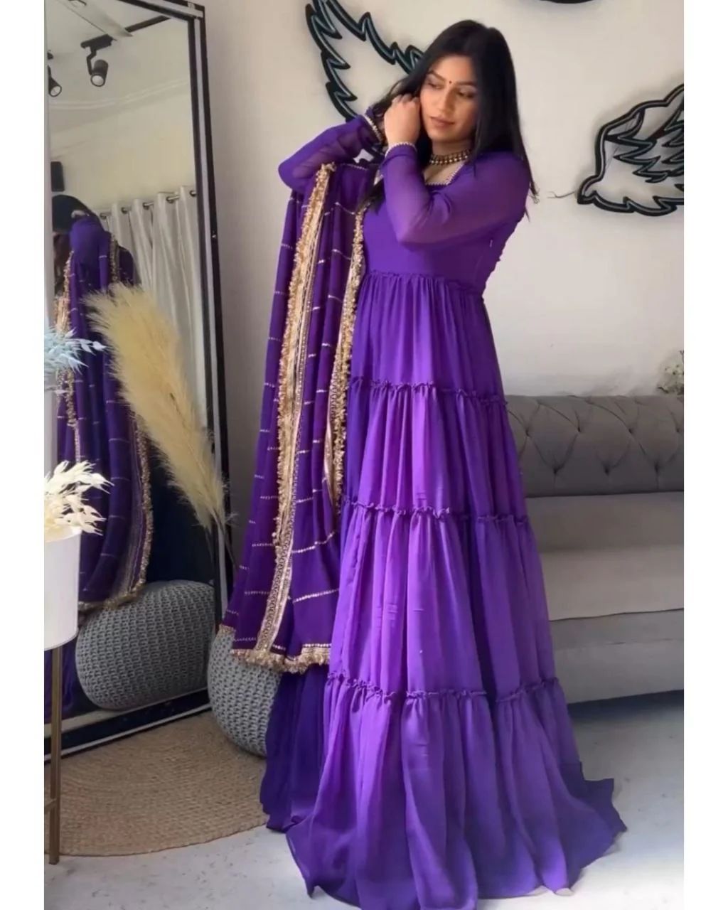 KD 1539 Purple Faux Georgette Ruffle Style Gown. Wedding, Party, Festive, Events Grab it for ₹2099. Delivery 4-6 Working Days. Shop now. | Gowns, Bollywood Gowns, Creative Gowns, Designer Gowns, Embroidered Gowns, Party Wear Gowns