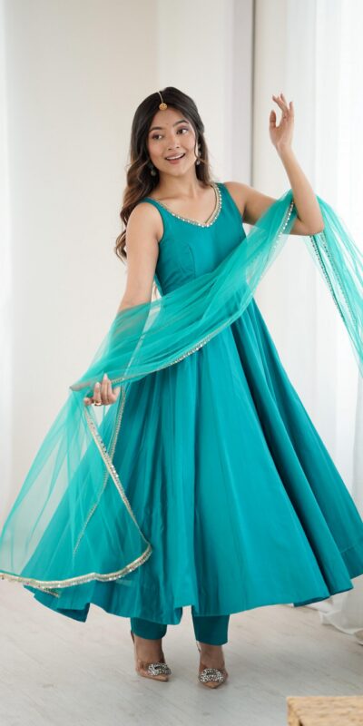 KB 285 Rama Color in Roman Silk Chanderi Mirror Work & Lace Work Gown . Best Price ₹1929. Delivery 4-6 Working Days. Shop now. | Gowns, Bollywood Gowns, Creative Gowns, Designer Gowns, Embroidered Gowns, Party Wear Gowns