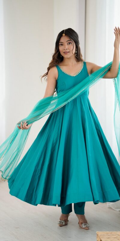 KB 285 Rama Color in Roman Silk Chanderi Mirror Work & Lace Work Gown . Best Price ₹1929. Delivery 4-6 Working Days. Shop now. | Gowns, Bollywood Gowns, Creative Gowns, Designer Gowns, Embroidered Gowns, Party Wear Gowns
