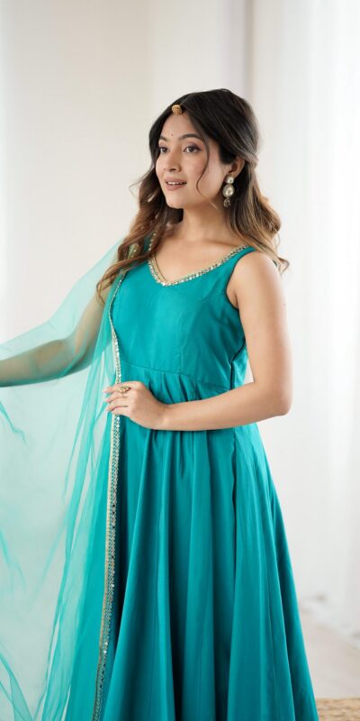 KB 285 Rama Color in Roman Silk Chanderi Mirror Work & Lace Work Gown . Best Price ₹1929. Delivery 4-6 Working Days. Shop now. | Gowns, Bollywood Gowns, Creative Gowns, Designer Gowns, Embroidered Gowns, Party Wear Gowns