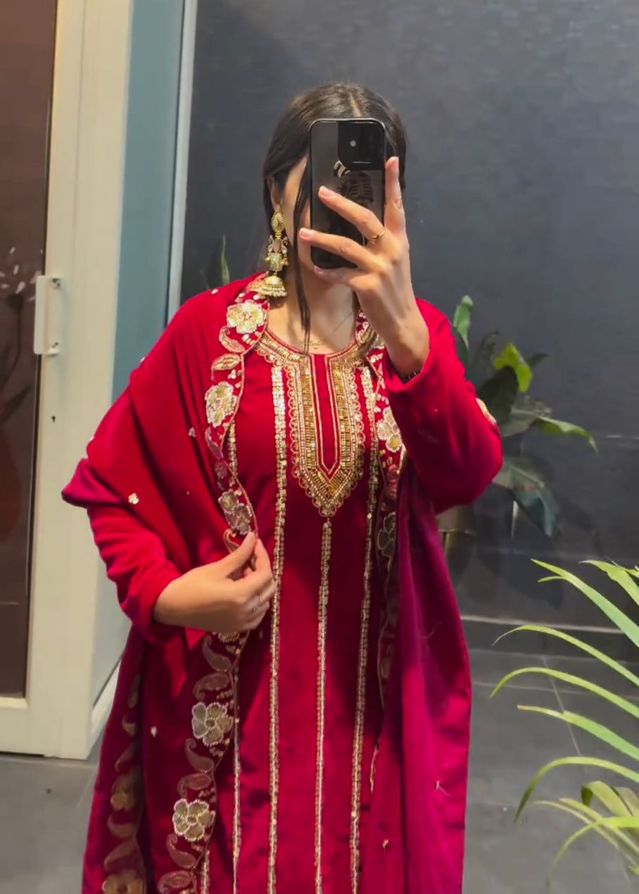 ST 1134 Red 9000 Velvet Salwar Suit with Lace Work & Embroidery Work. Available at ₹2099 only. Delivery 4-6 Working Days. Shop now. | Jump Suits, Salwar suit, Casual Suits, Creative suits, Designer Suits, Palazzo Suits, Party Wear Suits, Patiala Suits, Straight Suits