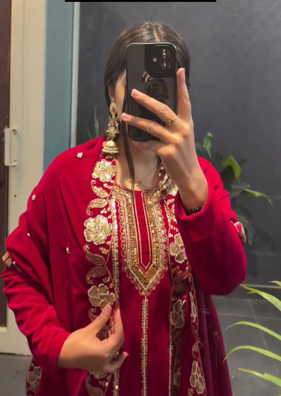 ST 1134 Red 9000 Velvet Salwar Suit with Lace Work & Embroidery Work. Available at ₹2099 only. Delivery 4-6 Working Days. Shop now. | Jump Suits, Salwar suit, Casual Suits, Creative suits, Designer Suits, Palazzo Suits, Party Wear Suits, Patiala Suits, Straight Suits