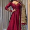 Red Chinon Silk Lace Work Digital Print Gown