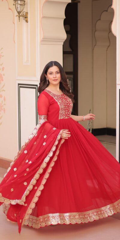 KA 1177 Red in Faux Blooming Embroidery Work & Zari Work Gown . Special Price ₹2049. Delivery 4-6 Working Days. Shop now. | Gowns, Bollywood Gowns, Creative Gowns, Designer Gowns, Embroidered Gowns, Party Wear Gowns