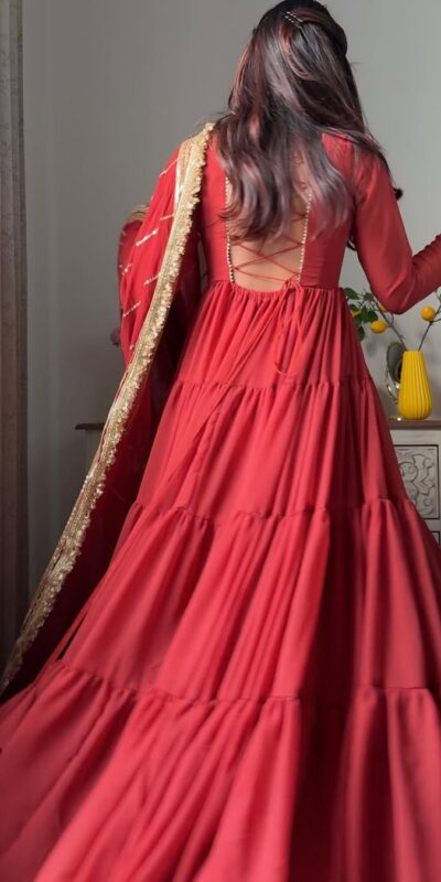 KD 1539 Red Faux Georgette Ruffle Style Gown. Wedding, Party, Festive, Events Grab it for ₹2099. Delivery 4-6 Working Days. Shop now. | Gowns, Bollywood Gowns, Creative Gowns, Designer Gowns, Embroidered Gowns, Party Wear Gowns