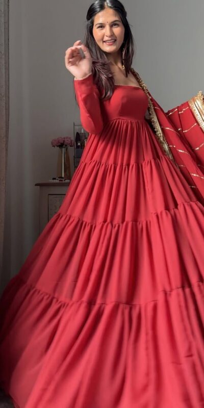 KD 1539 Red Faux Georgette Ruffle Style Gown. Wedding, Party, Festive, Events Grab it for ₹2099. Delivery 4-6 Working Days. Shop now. | Gowns, Bollywood Gowns, Creative Gowns, Designer Gowns, Embroidered Gowns, Party Wear Gowns