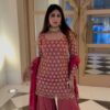 Red Faux Georgette Sequence Thread Work Salwar Suit
