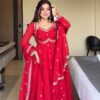 MF 1003 Red Georgette Gown. Perfect for Wedding, Party, Pongal, Bridal Wear, Anniversary – Affordable Price ₹1799. Delivery 4-6 Working Days. Shop now. | Gowns, Bollywood Gowns, Creative Gowns, Designer Gowns, Embroidered Gowns, Party Wear Gowns
