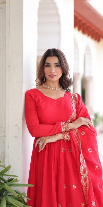 KA 1209 Red Vichitra Silk Gown with Embroidery Work & Sequins Work. Get it for ₹2499. Delivery 4-6 Working Days. Shop now. | Gowns, Bollywood Gowns, Creative Gowns, Designer Gowns, Embroidered Gowns, Party Wear Gowns