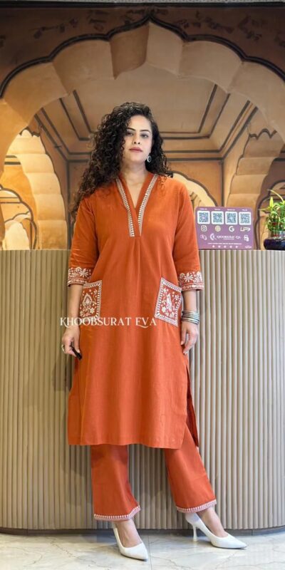 MF 899 Rust in Color Cambric Cotton Embroidery Work & Lace Work Kurti . Best Price โน1449. Delivery 4-6 Working Days. Shop now. | Kurti, Bollywood Kurti, Creative Kurtis, Designer Kurti, Party Wear Kurti, Selfie Kurti