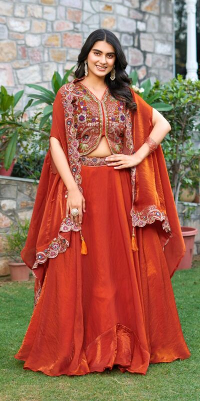 Ram 141 Rust Fendy Silk Lehenga Choli with Embroidery Work. Available at ₹3099 only. Delivery 4-6 Working Days. Shop now. | Lehenga, Bollywood Lehenga, Creative Lehenga, Designer Lehenga, Embroidered Lehenga, Party Wear Lehenga
