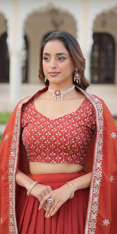 KA 5055 Rust Vichitra Silk Lehenga Choli with Embroidery Work & Sequins Work. Introductory Price ₹3049. Delivery 4-6 Working Days. Shop now. | Lehenga, Bollywood Lehenga, Creative Lehenga, Designer Lehenga, Embroidered Lehenga, Party Wear Lehenga
