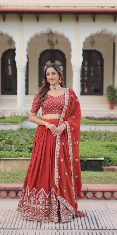 KA 5055 Rust Vichitra Silk Lehenga Choli with Embroidery Work & Sequins Work. Introductory Price ₹3049. Delivery 4-6 Working Days. Shop now. | Lehenga, Bollywood Lehenga, Creative Lehenga, Designer Lehenga, Embroidered Lehenga, Party Wear Lehenga