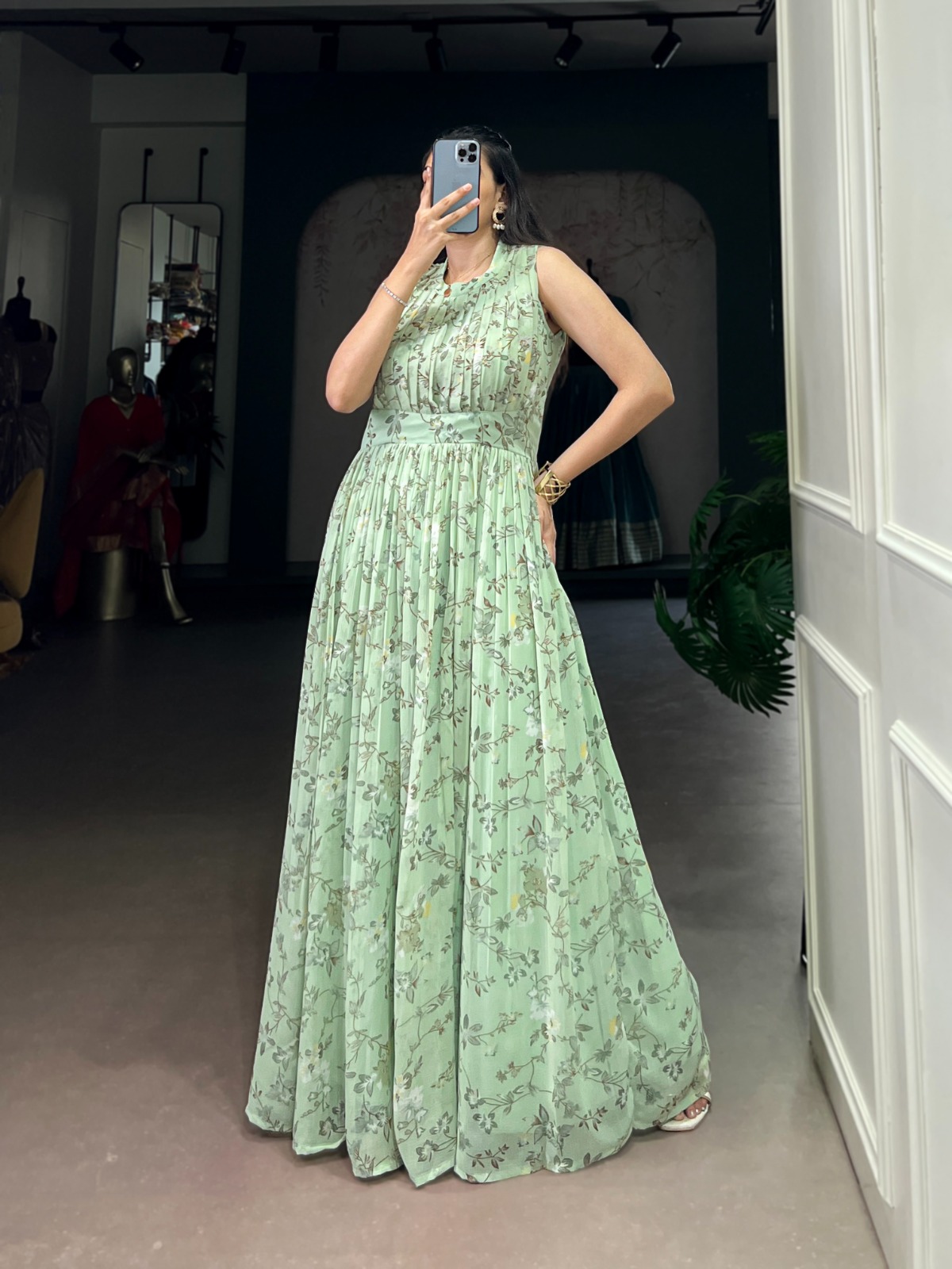 lime green sequin prom dress Sea Green Color Net Fabric Attractive Embroidered Anarklai Suit main image 0