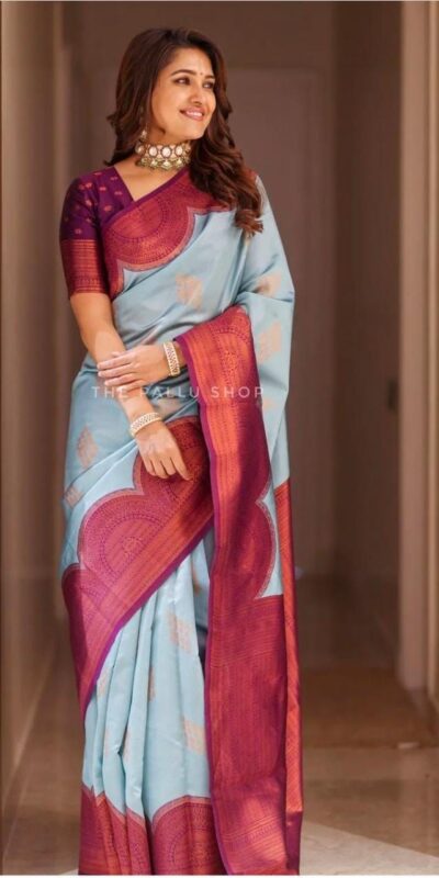 KPR 133 Sky Blue Color Soft Lichi Silk Saree with Designer Work. Exclusive Offer ₹1399. Delivery 4-6 Working Days. Shop now. | Sarees, Bollywood Sarees, Creative Sarees, Designer Sarees, Embroidered Sarees, Ethnic Saree, Modern Digital sarees, Party Wear Sarees
