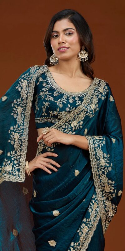 E BT 438 Teal in Fandy Satin Silk mbroidery Work & Zari Work Saree. Special Price ₹1949. Delivery 4-6 Working Days. Shop now. | Sarees, Bollywood Sarees, Creative Sarees, Designer Sarees, Embroidered Sarees, Ethnic Saree, Modern Digital sarees, Party Wear Sarees