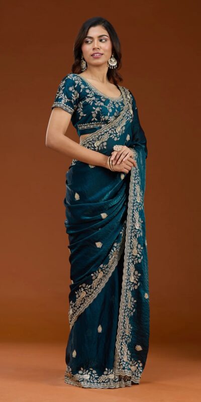 E BT 438 Teal in Fandy Satin Silk mbroidery Work & Zari Work Saree. Special Price ₹1949. Delivery 4-6 Working Days. Shop now. | Sarees, Bollywood Sarees, Creative Sarees, Designer Sarees, Embroidered Sarees, Ethnic Saree, Modern Digital sarees, Party Wear Sarees