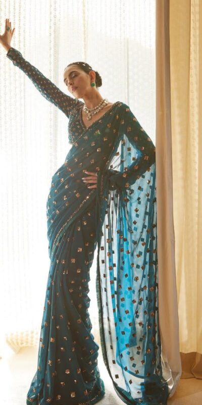 DF 3468 Teal Faux Georgette Saree with Embroidery Work & Sequins Work. Grab it for ₹1799. Delivery 4-6 Working Days. Shop now. | Sarees, Bollywood Sarees, Creative Sarees, Designer Sarees, Embroidered Sarees, Ethnic Saree, Modern Digital sarees, Party Wear Sarees