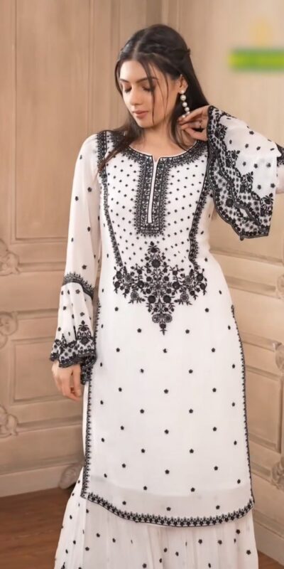 DC 111 White Fox Georgette Salwar Suit with Embroidery Work & Thread Embroidery. Available at ₹2449 only. Delivery 4-6 Working Days. Shop now. | Jump Suits, Salwar suit, Casual Suits, Creative suits, Designer Suits, Palazzo Suits, Party Wear Suits, Patiala Suits, Straight Suits