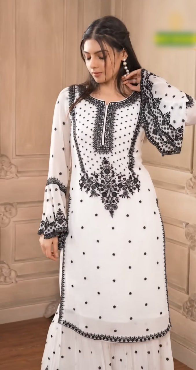 DC 111 White Fox Georgette Salwar Suit with Embroidery Work & Thread Embroidery. Available at ₹2449 only. Delivery 4-6 Working Days. Shop now. | Jump Suits, Salwar suit, Casual Suits, Creative suits, Designer Suits, Palazzo Suits, Party Wear Suits, Patiala Suits, Straight Suits