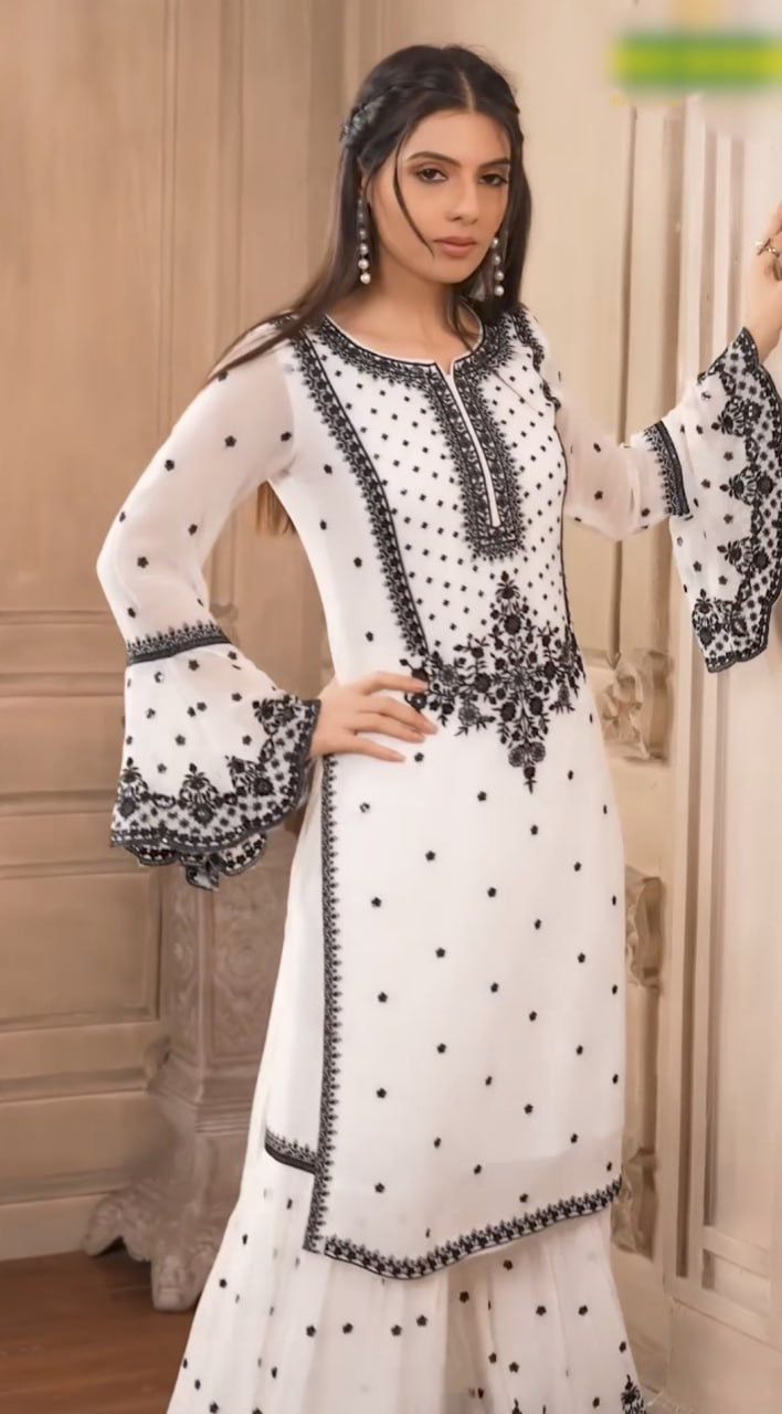 DC 111 White Fox Georgette Salwar Suit with Embroidery Work & Thread Embroidery. Available at ₹2449 only. Delivery 4-6 Working Days. Shop now. | Jump Suits, Salwar suit, Casual Suits, Creative suits, Designer Suits, Palazzo Suits, Party Wear Suits, Patiala Suits, Straight Suits
