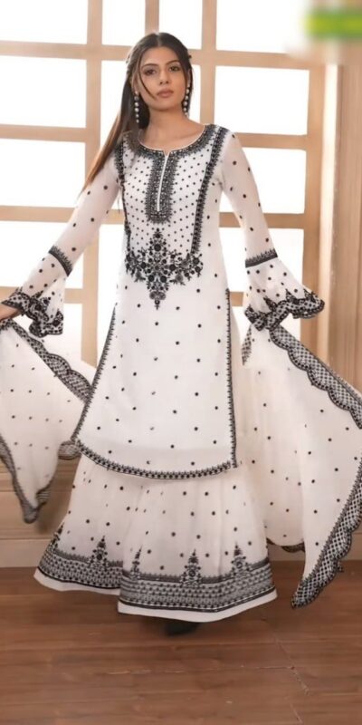 DC 111 White Fox Georgette Salwar Suit with Embroidery Work & Thread Embroidery. Available at ₹2449 only. Delivery 4-6 Working Days. Shop now. | Jump Suits, Salwar suit, Casual Suits, Creative suits, Designer Suits, Palazzo Suits, Party Wear Suits, Patiala Suits, Straight Suits