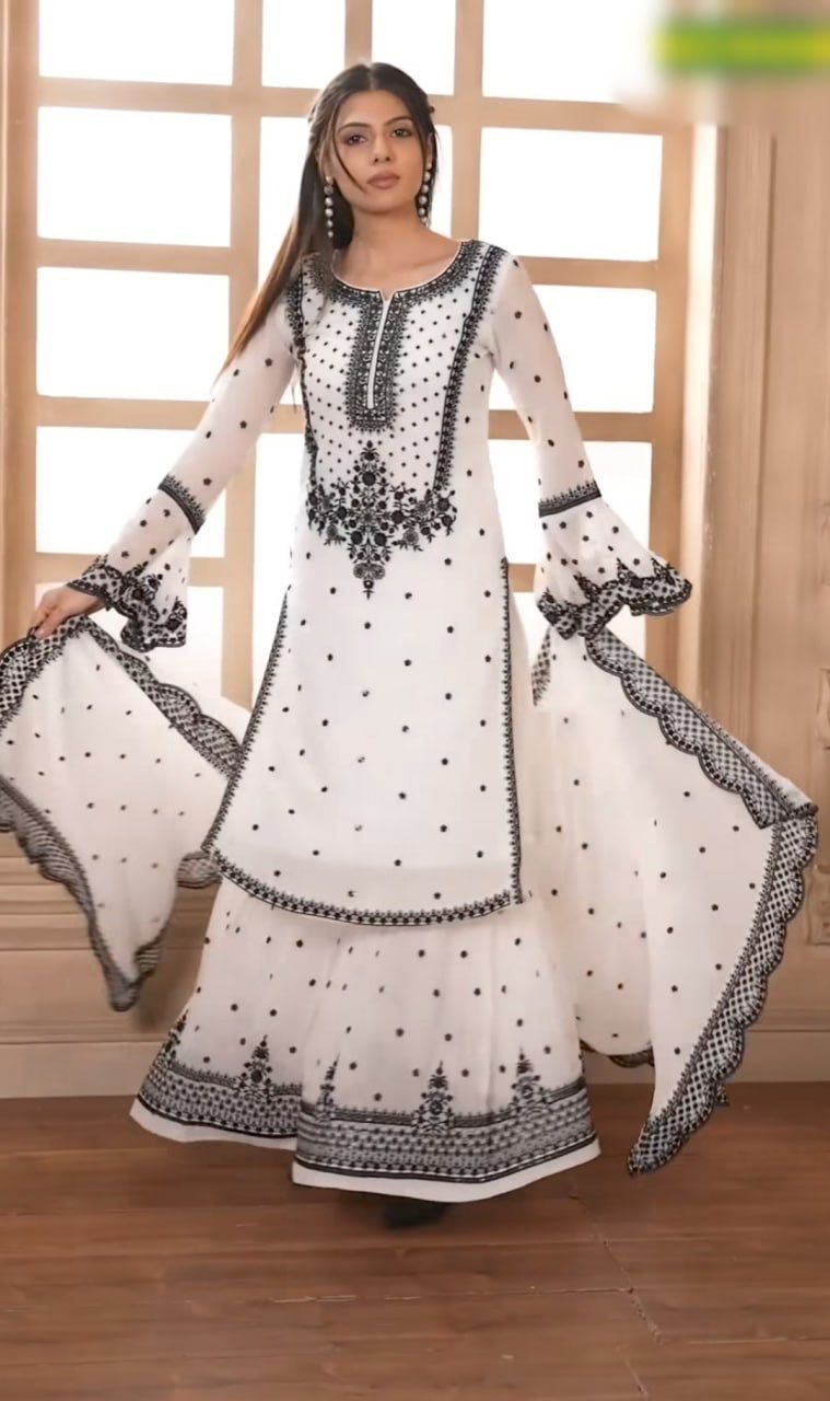 DC 111 White Fox Georgette Salwar Suit with Embroidery Work & Thread Embroidery. Available at ₹2449 only. Delivery 4-6 Working Days. Shop now. | Jump Suits, Salwar suit, Casual Suits, Creative suits, Designer Suits, Palazzo Suits, Party Wear Suits, Patiala Suits, Straight Suits