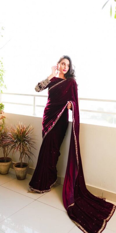 ST 403 Wine in 9000 Velvet Embroidery Work & Lace Work Saree . Introductory Price ₹1999. Delivery 4-6 Working Days. Shop now. | Sarees, Bollywood Sarees, Creative Sarees, Designer Sarees, Embroidered Sarees, Ethnic Saree, Modern Digital sarees, Party Wear Sarees