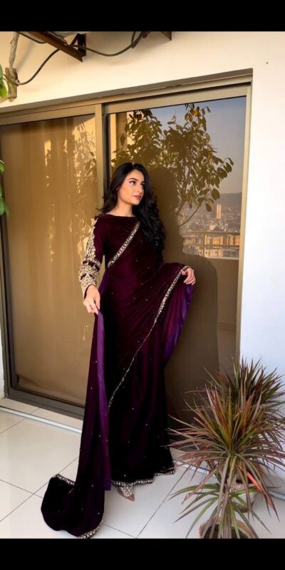 ST 403 Wine in 9000 Velvet Embroidery Work & Lace Work Saree . Introductory Price ₹1999. Delivery 4-6 Working Days. Shop now. | Sarees, Bollywood Sarees, Creative Sarees, Designer Sarees, Embroidered Sarees, Ethnic Saree, Modern Digital sarees, Party Wear Sarees