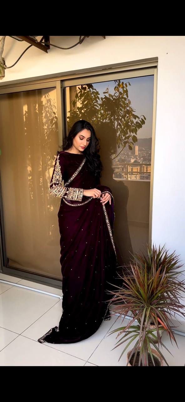ST 403 Wine in 9000 Velvet Embroidery Work & Lace Work Saree . Introductory Price ₹1999. Delivery 4-6 Working Days. Shop now. | Sarees, Bollywood Sarees, Creative Sarees, Designer Sarees, Embroidered Sarees, Ethnic Saree, Modern Digital sarees, Party Wear Sarees