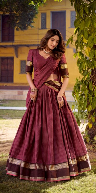 LNB 1900 Wine Color Chettinad Cotton Chex Zari Work Lehenga Choli . Now at just ₹3249. Delivery 4-6 Working Days. Shop now. | Lehenga, Bollywood Lehenga, Creative Lehenga, Designer Lehenga, Embroidered Lehenga, Party Wear Lehenga