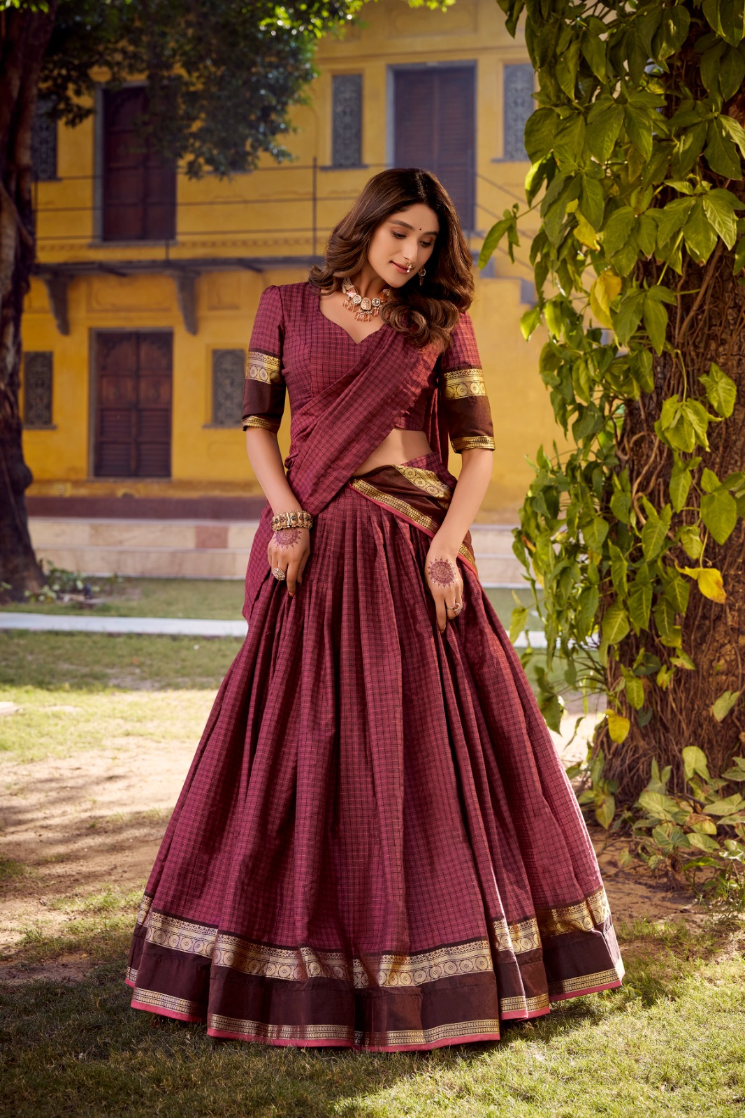 LNB 1900 Wine Color Chettinad Cotton Chex Zari Work Lehenga Choli . Now at just ₹3249. Delivery 4-6 Working Days. Shop now. | Lehenga, Bollywood Lehenga, Creative Lehenga, Designer Lehenga, Embroidered Lehenga, Party Wear Lehenga