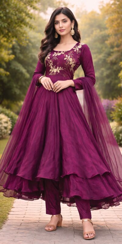 ZF 434 Wine Fandy Silk Gown with Embroidery Work. Special Price ₹2449. Wedding, Party, Festive, Events Delivery 4-6 Working Days. Shop now. | Gowns, Bollywood Gowns, Creative Gowns, Designer Gowns, Embroidered Gowns, Party Wear Gowns