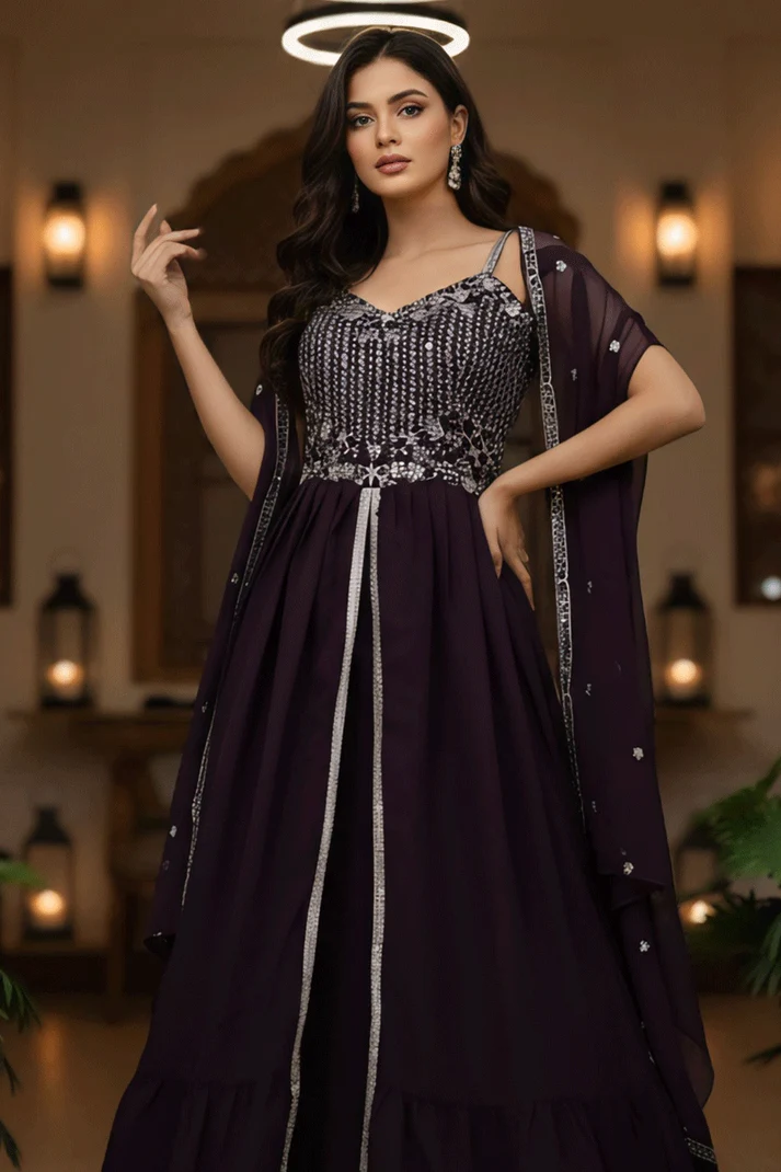 ST 1139 Wine in Faux Georgette Embroidery Work & Lace Work Lehenga Choli . Available at ₹1949 only. Delivery 4-6 Working Days. Shop now. | Lehenga, Bollywood Lehenga, Creative Lehenga, Designer Lehenga, Embroidered Lehenga, Party Wear Lehenga