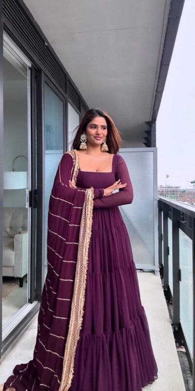 KD 1539 Wine Faux Georgette Ruffle Style Gown. Wedding, Party, Festive, Events Grab it for ₹2099. Delivery 4-6 Working Days. Shop now. | Gowns, Bollywood Gowns, Creative Gowns, Designer Gowns, Embroidered Gowns, Party Wear Gowns