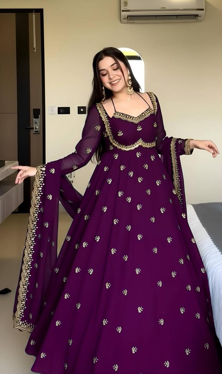 MF 1003 Wine Georgette Gown. Perfect for Wedding, Party, Pongal, Bridal Wear, Anniversary – Affordable Price ₹1799. Delivery 4-6 Working Days. Shop now. | Gowns, Bollywood Gowns, Creative Gowns, Designer Gowns, Embroidered Gowns, Party Wear Gowns