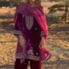 Wine Twill Net Embroidery Lace Work Salwar Suit