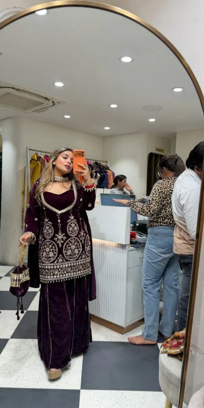 LG 2038 Wine Velvet Salwar Suit with Embroidery Work & Mirror Work. Grab it for ₹2099. Delivery 4-6 Working Days. Shop now. | Jump Suits, Salwar suit, Casual Suits, Creative suits, Designer Suits, Palazzo Suits, Party Wear Suits, Patiala Suits, Straight Suits