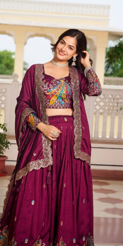 Ram 113 Wine Color Vichitra Lehenga Choli with Embroidery Work. Exclusive Offer ₹3099. Delivery 4-6 Working Days. Shop now. | Lehenga, Bollywood Lehenga, Creative Lehenga, Designer Lehenga, Embroidered Lehenga, Party Wear Lehenga