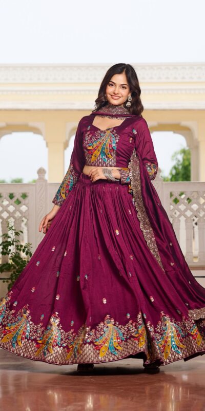 Ram 113 Wine Color Vichitra Lehenga Choli with Embroidery Work. Exclusive Offer ₹3099. Delivery 4-6 Working Days. Shop now. | Lehenga, Bollywood Lehenga, Creative Lehenga, Designer Lehenga, Embroidered Lehenga, Party Wear Lehenga